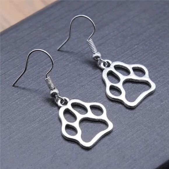 Puppy Animal Paw Print Stainless Steel Dangle Earrings - Picture 4 of 6